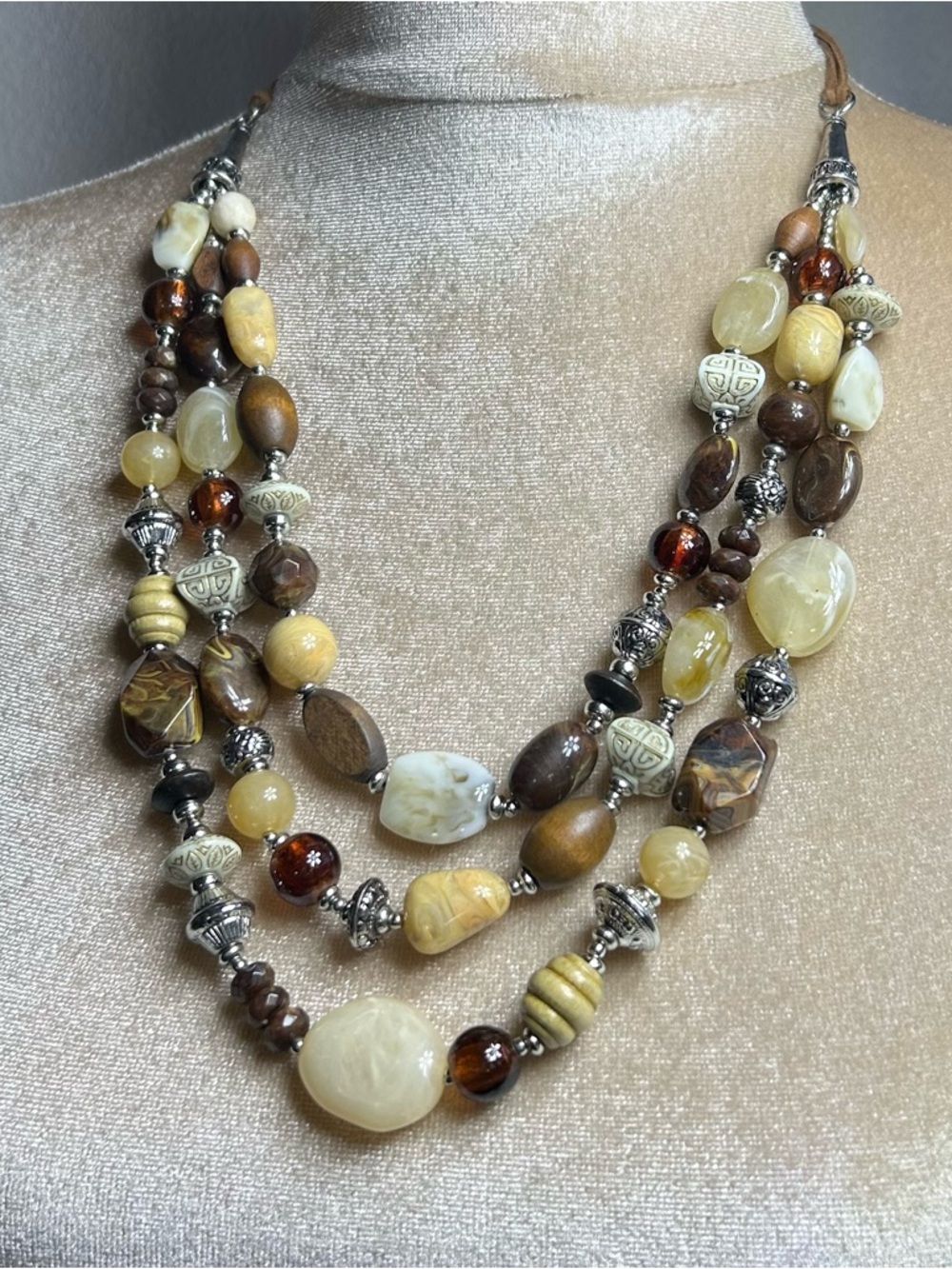 Premier Designs Multi-Strand Brown & Cream Beaded Necklace